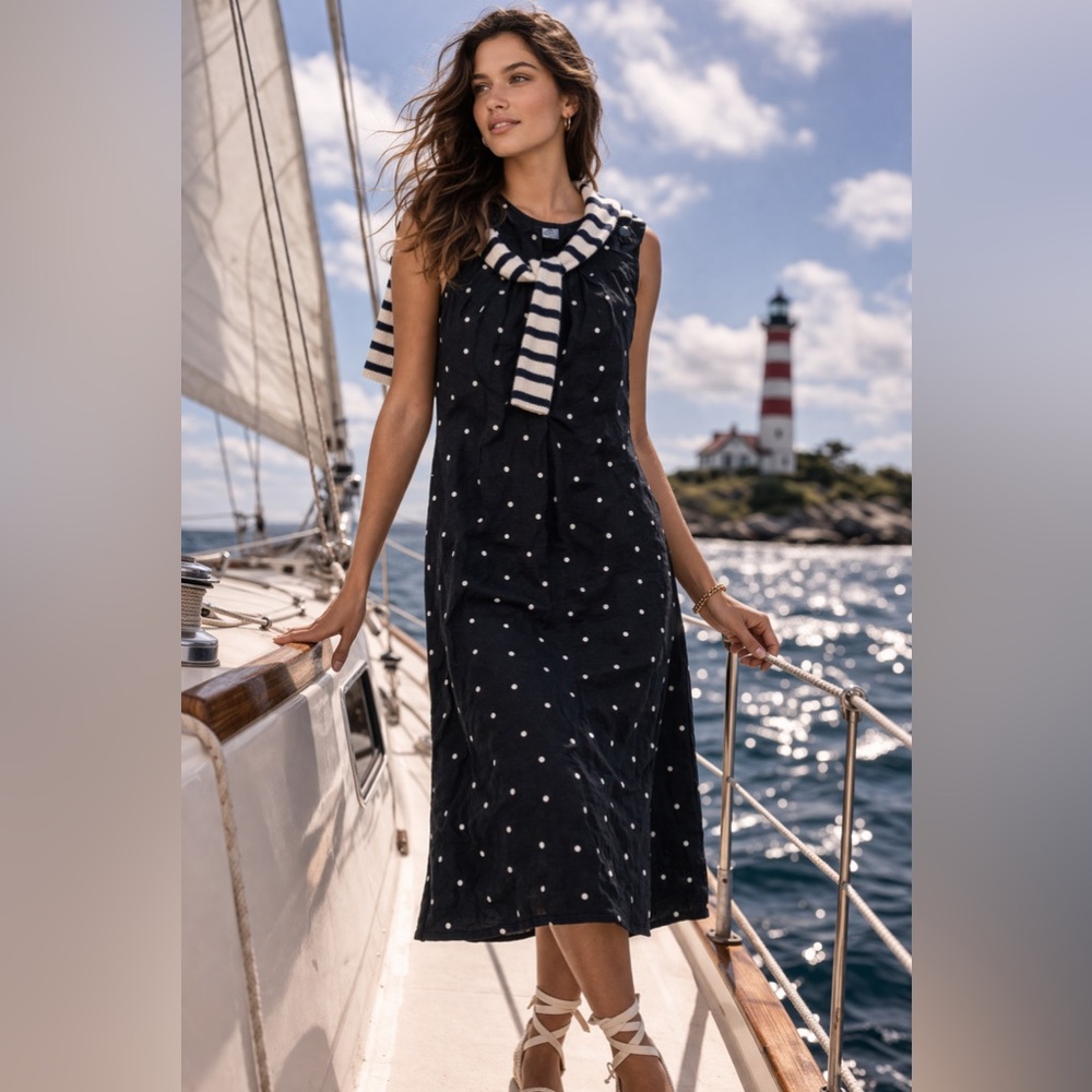 VTG Requirements Linen Black Maxi Overall Dress White Polka Dots